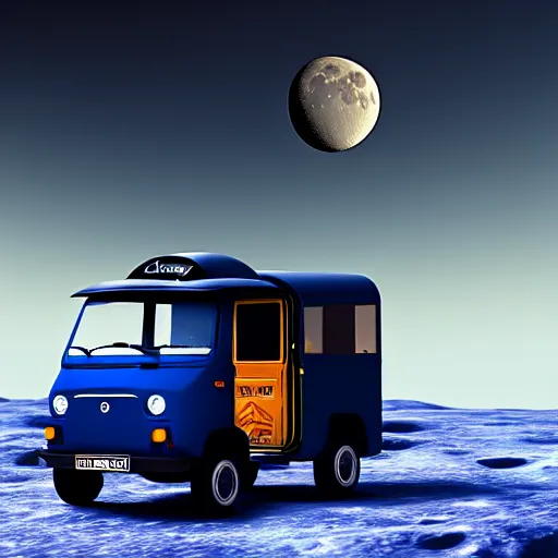 Image similar to a dark blue tuk tuk traveling on the surface of the moon, moon craters, black sky, hard science fiction, milky way, moon, matte painting, concept art, 4k