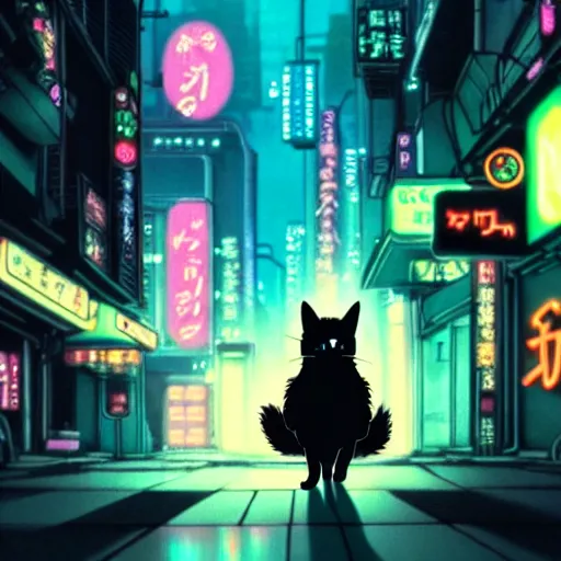 Prompt: cinematic studio ghibli shot of adorable black kitten walking through neon cyberpunk neo - tokyo, studio ghibli, hayao miyazaki, anime, detailed, 4 k, high definition