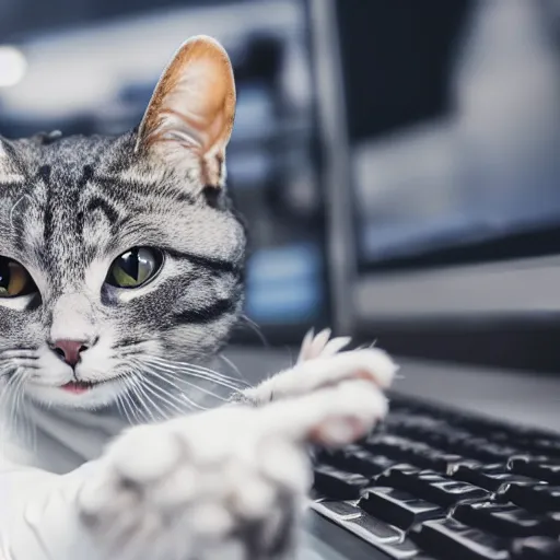 Prompt: photo of an anthropomorphic cat using a computer