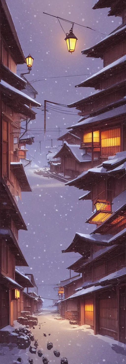 Image similar to empty rural japanese town at night, winter, in the style of studio ghibli, j. c. leyendecker, greg rutkowski, artem