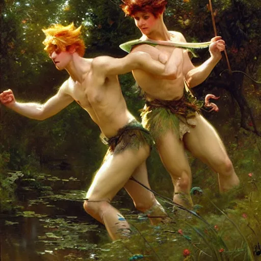 Prompt: 2 attractive male fairies in the forest frolicking. highly detailed painting by gaston bussiere, craig mullins, j. c. leyendecker, 8 k