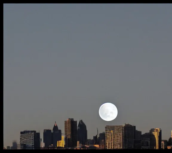 Image similar to a silhouette of a city skyline, giant moon behind city, centered, bleak, long shot, moon is centered