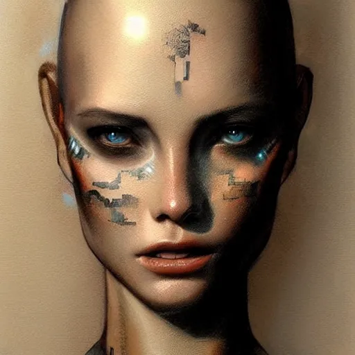 Image similar to a magical robot head, tattoo, artificial intelligence, highly detailed, digital painting, smooth, sharp, beautiful face, expressive eyes, art by greg rutkowski