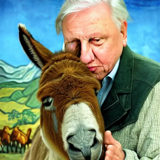 Prompt: david attenborough kissing a donkey by gogh