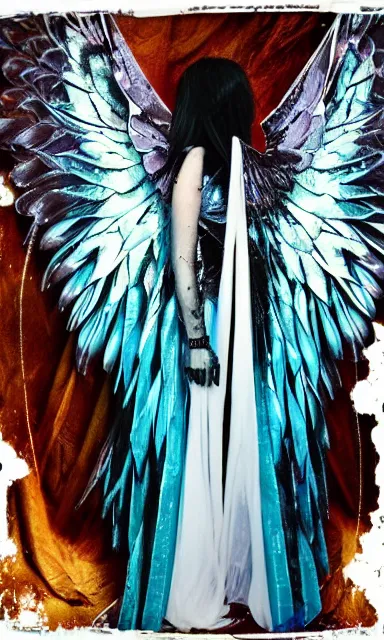 Image similar to crystal wings, waporwave polaroid, a greg rutkowsi photograph, devianart photoshoot, metal acid deep colors, fallen angel of death, love broken