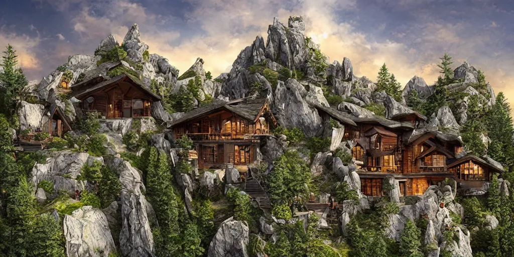 Prompt: a mountain top retreat designed by by fantasy artist tiago da silva ( grafik ), highly detailed