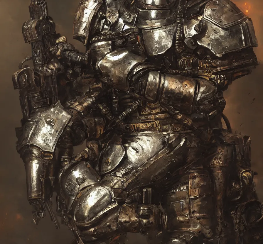 Image similar to wolfenstein dark metal armor, acrilic paint, brush paint, heavenly atmosphere, paint, ultra detailed, beautiful image, resolution, artstation