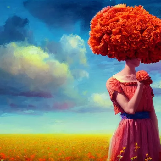 Prompt: head made of carnations, girl standing in a vast flower field, holding flowers, surreal photography, sunrise dramatic light, impressionist painting, colorful clouds, large sky, digital painting, artstation, simon stalenhag, flower face