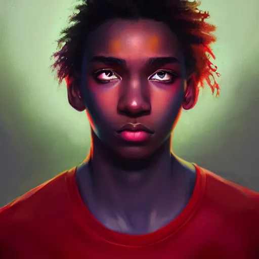 Image similar to colorful and festive captivating teenager with straight brown hair covering his eye, dark skin, big lips, big eyes, wearing a red t - shirt. rich vivid colors, ambient lighting, dynamic lighting, 4 k, atmospheric lighting, painted, intricate, highly detailed by charlie bowater