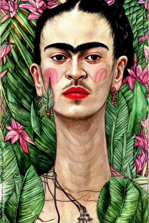 Image similar to frida kahlo realistic portrait closeup surrounded by tropical plants and flowers, art by luis royo and walter crane and kay nielsen, watercolor illustration,