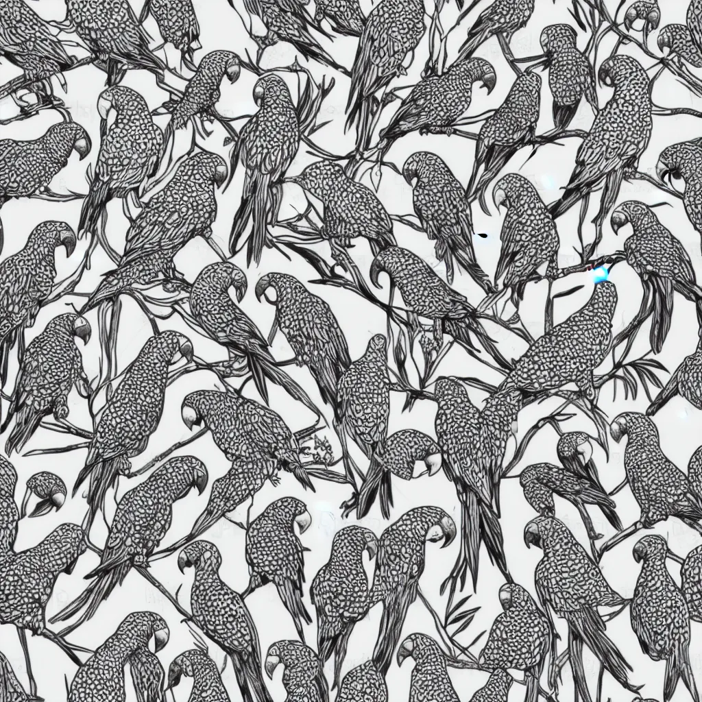 Prompt: seamless pattern of parrots. black and white, drawing, white background, seamless, ornament.