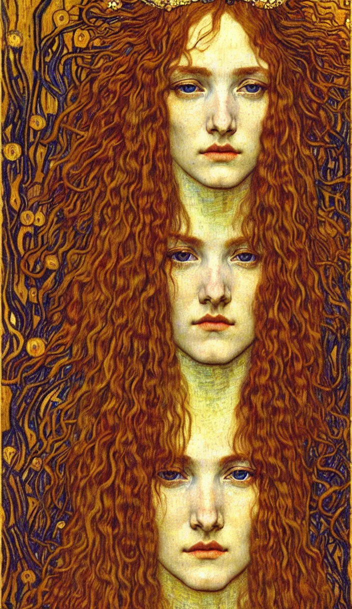 Image similar to detailed realistic beautiful young medieval queen face portrait by jean delville, gustav klimt and vincent van gogh, art nouveau, symbolist, visionary, gothic, pre - raphaelite, muted earthy colors, desaturated