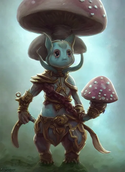 Image similar to cute anthropomorphic sentient mushroom elemental wearing a crown and holding a bow, tiny, short, pale blue armor, cute and adorable, pretty, beautiful, DnD character art portrait, matte fantasy painting, DeviantArt Artstation, by Jason Felix by Steve Argyle by Tyler Jacobson by Peter Mohrbacher, cinematic lighting