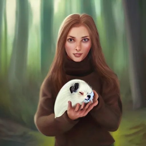 Prompt: Caucasian white girl holding her dark brown guinea pig, out in the wilderness at morning, trending on artstation, artstationHQ, artstationHD, photorealistic imagery.