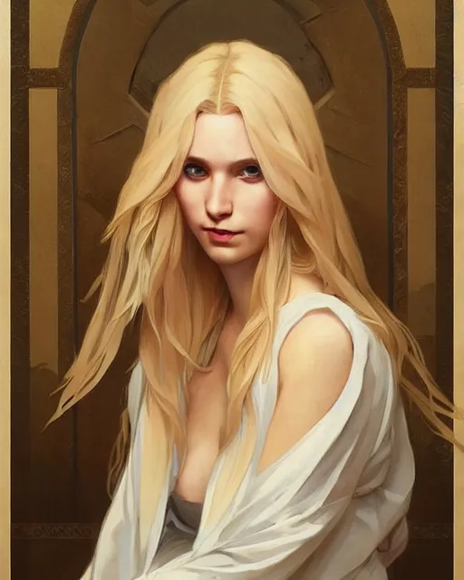 Image similar to '' Portrait of Beautiful blonde Slavic woman in her early 30’s, league of legends, LOL, fantasy, d&d, digital painting, artstation, concept art, sharp focus, illustration, art by greg rutkowski and alphonse mucha ''