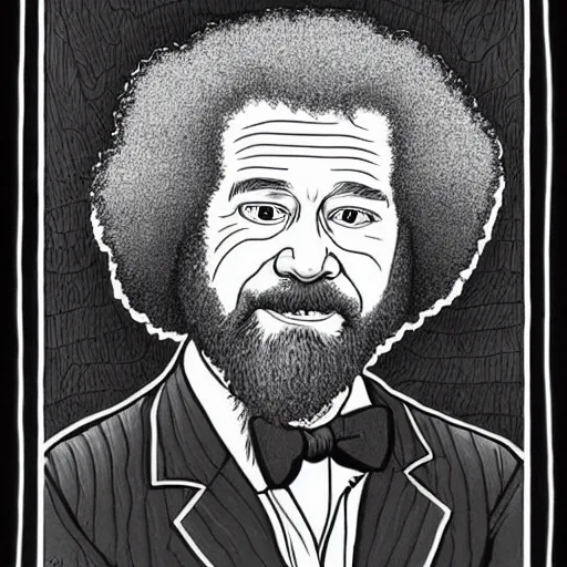 Image similar to bob ross in a portrait by line drawing robert crumb