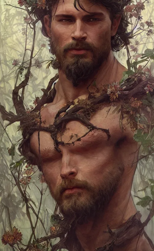Image similar to god of the forest, rugged, handsome, male, detailed face, clean lines, atmospheric lighting, amazing, full body, thighs, flowers, muscular, intricate, highly detailed, digital painting, deviantart, concept art, sharp focus, illustration, art by greg rutkowski and alphonse mucha