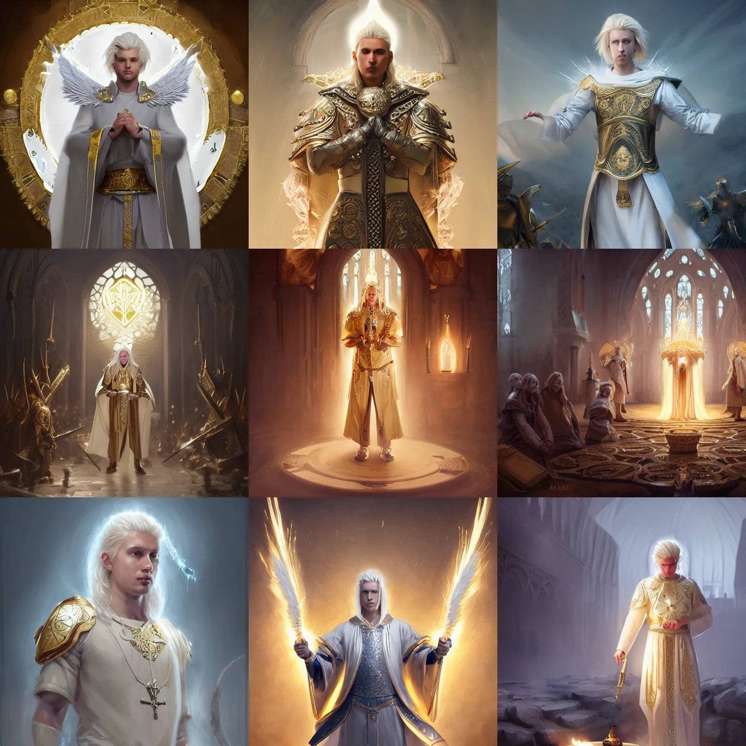 Prompt: portrait of an aasimar man with platinum blonde hair wearing white and gold vestments under armor casting a holy ritual with golden magic on a battlefield, detailed, realistic, Greg Rutkowski, 4k, pensive, dungeons and dragons, dramatic lighting, trending on Artstation, sharp focus, elegant