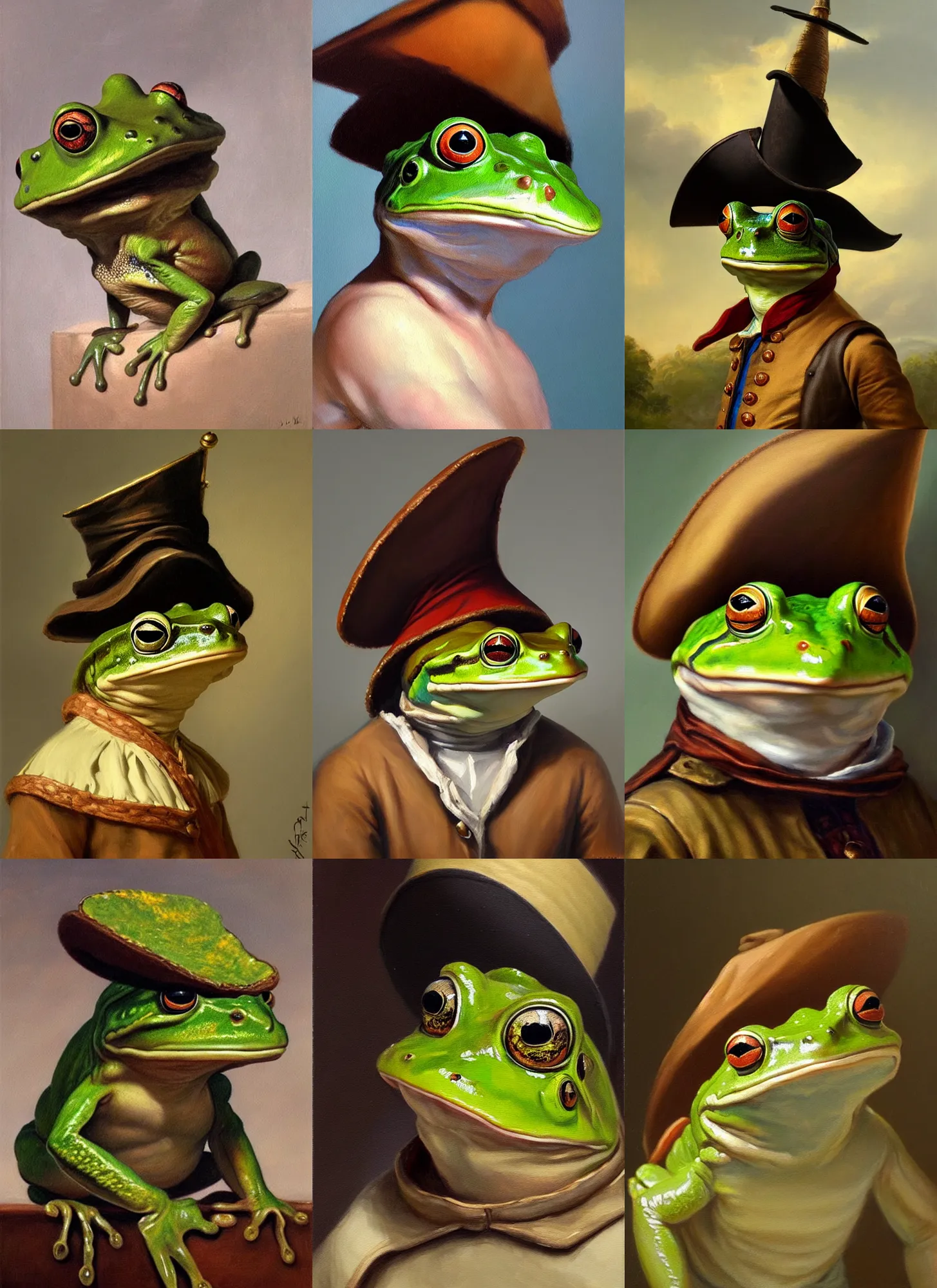 Prompt: a painting of a frog wearing a tricorn hat, artstation, classical realism, detailed painting, oil on canvas