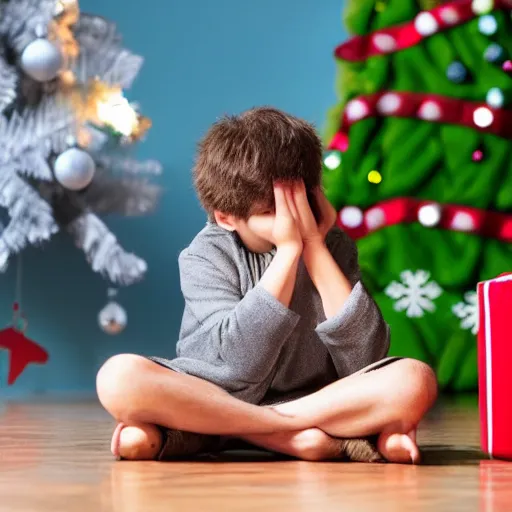 Prompt: a kid with a pouty face looking very dissapointed that his christmas present was a large moai statue with a bow on it | iphone photograph