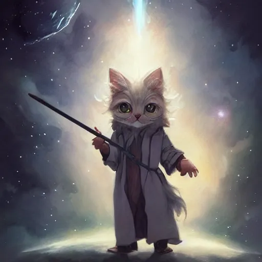 Image similar to a single cartoonish kitten dressed as Gandalf floating in space, bright stars, anime, a fantasy digital painting by Greg Rutkowski and James Gurney, trending on Artstation, highly detailed