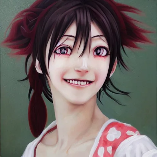 Prompt: mikan tsumiki from danganronpa smiles with tears in her eyes, realistic oil painting by yasutomo oka, soft features, bittersweet