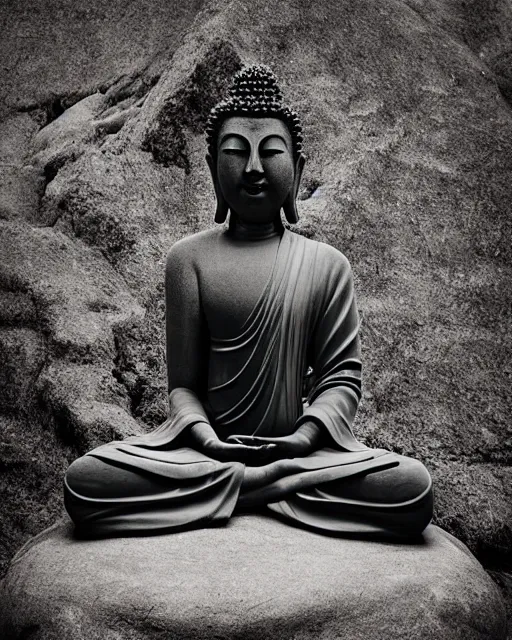 Image similar to contented peaceful female buddha, praying meditating, in a scenic environment, portrait photograph by peter coulson