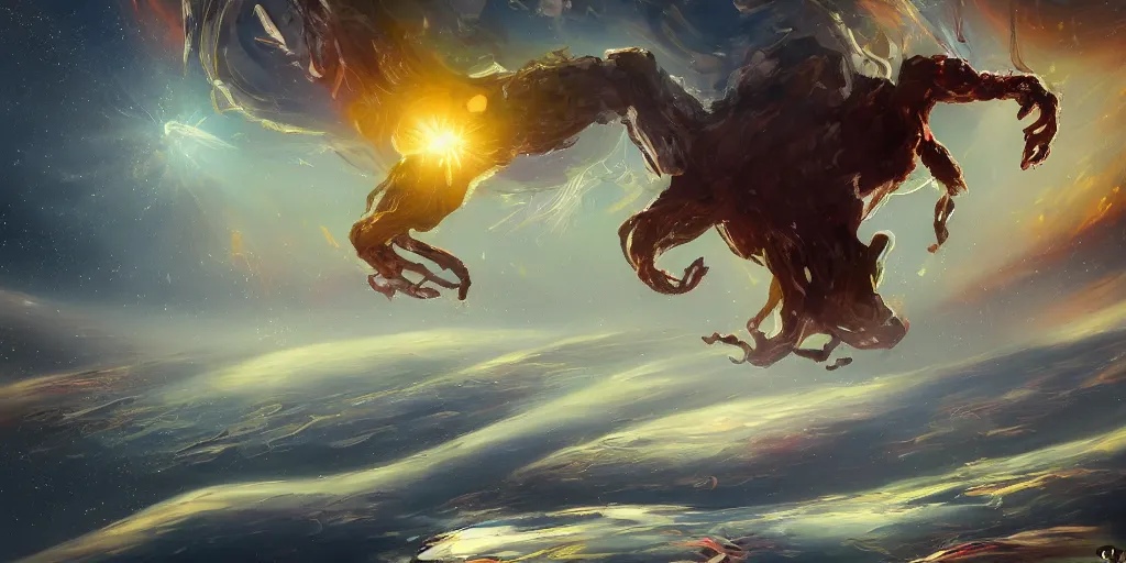 Image similar to abstract painting illustrating a creature jumping from the edge of a planet, its hands are reaching for something in the sky. no details, fantasy art, artstation, trending, ultra detailed, emotional