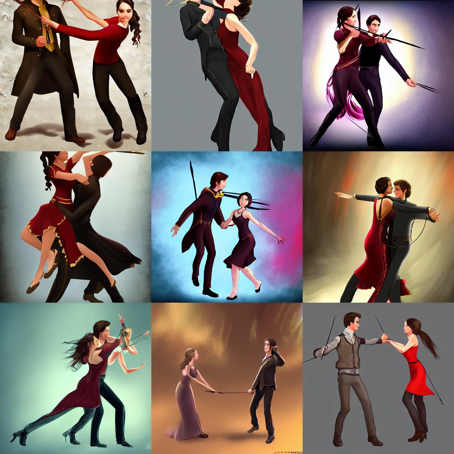 Prompt: Katniss Everdeen and Harry Potter ballroom dancing, digital art, artstation