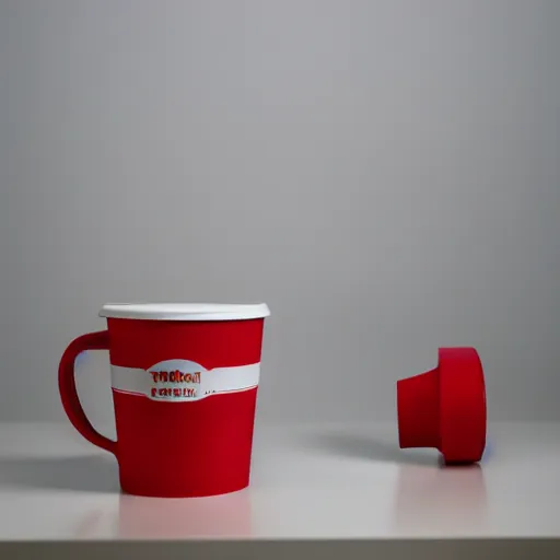 Image similar to an ultra high definition professional studio photograph, 5 0 mm f 1. 4 iso 1 0 0. the photo is set in a plain empty white studio room with a plain white plinth centrally located. the photo depicts a red cup on the plinth in the centre of the image. three point light.