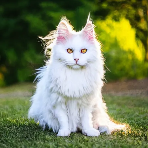 Image similar to a cute white fluffy maine coon cat sitting on the corner of a front yard outside in the late afternoon on a beautiful summer day, sunset