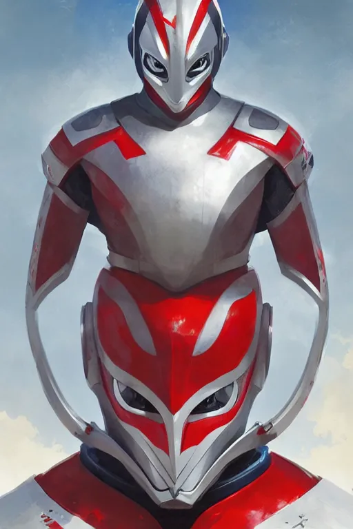 Image similar to portrait of a ultraman with japanese armor and helmet,, symmetrical, art by greg rutkowski, matte painting, trending on artstation