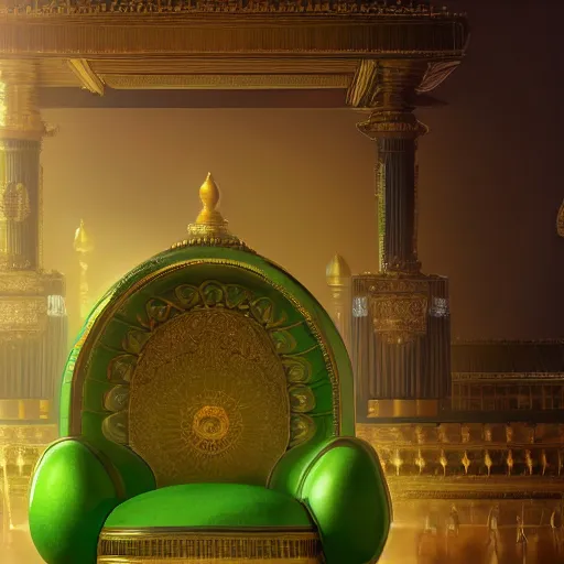 Image similar to a green avocado armchair in the center of golden ancient temple, illuminated by narrow light beam , fantasy illustration, trending on artstation, deviantart, very realistic, 4k