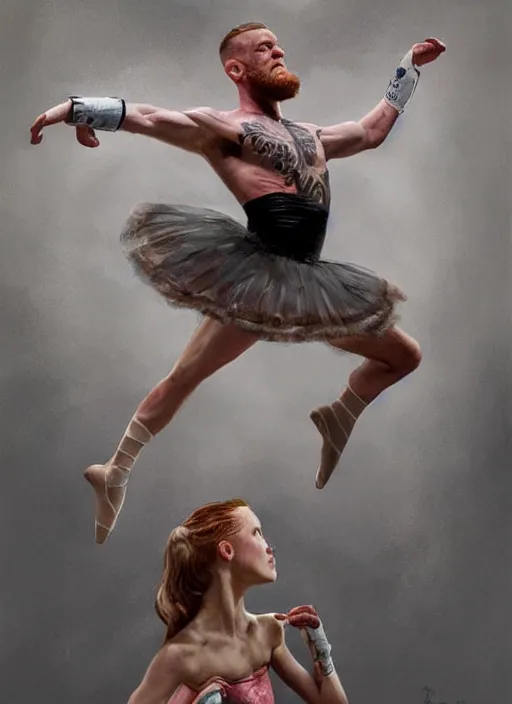 Image similar to connor mcgregor dressed as a ballerina dancing ballet inside the mma ring, highly detailed, digital painting, artstation, concept art, smooth, sharp focus, illustration, art by artgerm and greg rutkowski