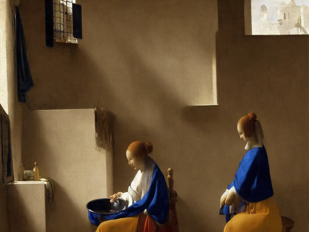 Prompt: Woman washing her hair in a water basin in an interior lit by the window. Painting by Vermeer