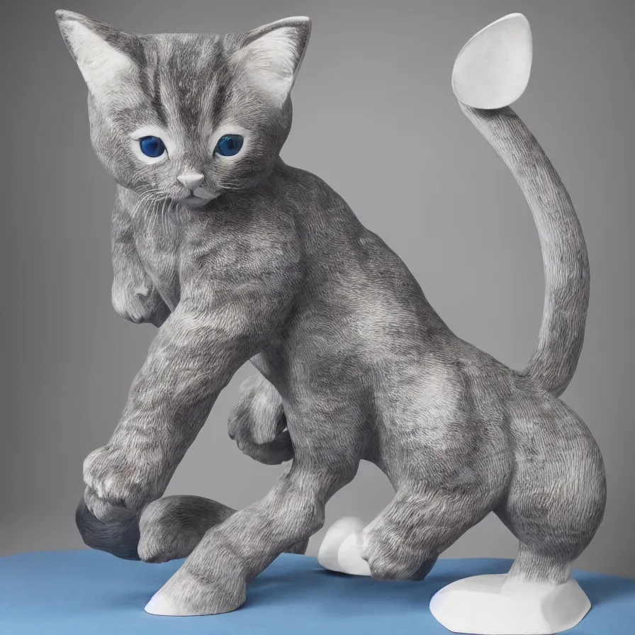 Image similar to beautiful gallery show studio photograph of a giant ceramic sculpture of a cute kitten, glazed by bridget riley and victor vasarely, placed on a polished wooden table, hyperrealism 8 k trending on artstation