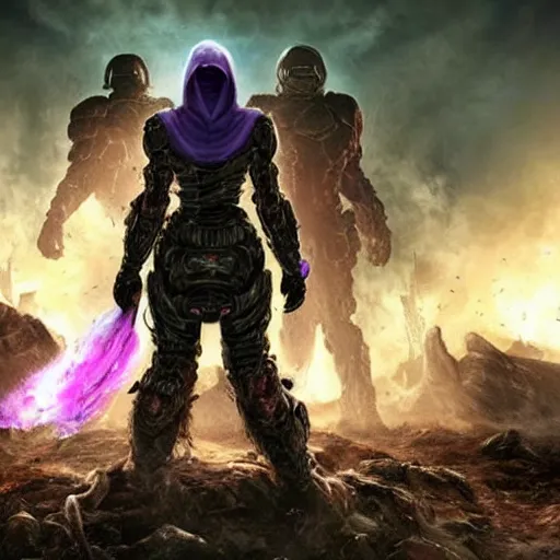 Image similar to apocalyptic world, doom game like look, female in hoodie in the middle, purple hair, shooting the monsters, 8 k, photorealistic, hyper realistic, full detail