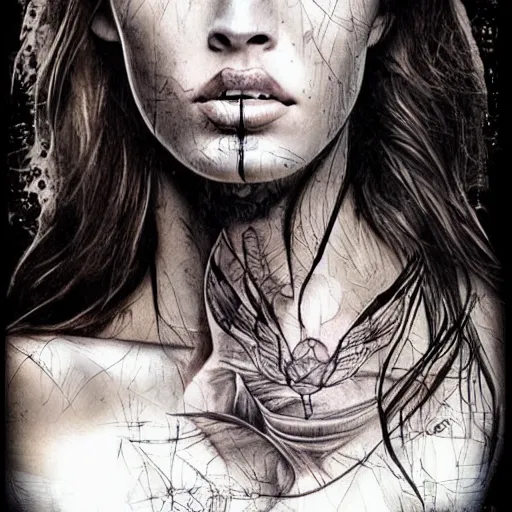 Image similar to realistic tattoo sketch of megan fox face double exposure effect with a mountain scenery, in the style of matteo pasqualin, amazing detail, sharp