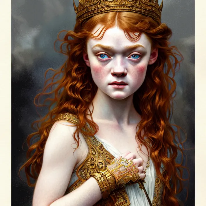 Image similar to ancient queen sadie sink, symetrical, diffuse lighting, fantasy, intricate, elegant, highly detailed, lifelike, photorealistic, digital painting, artstation, illustration, concept art, 4 k, smooth, sharp focus, art by john collier and albert aublet and krenz cushart and artem demura and alphonse mucha