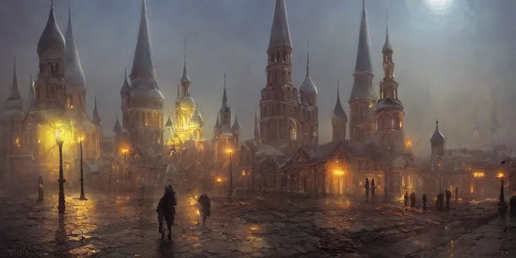 Image similar to Beautiful magical Old Rus city of Kitezh in mist, magic lights, strange buildings, oil painting, concept art, fantasy cityscape, art by Ted Nasmith and James Gurney, hyperborea, high resolution, trending on artstation