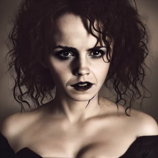 Image similar to Bellatrix Lestrange cosplay by Emma Watson, 8k, professional photography, cinematic studio shot, dark, smoke