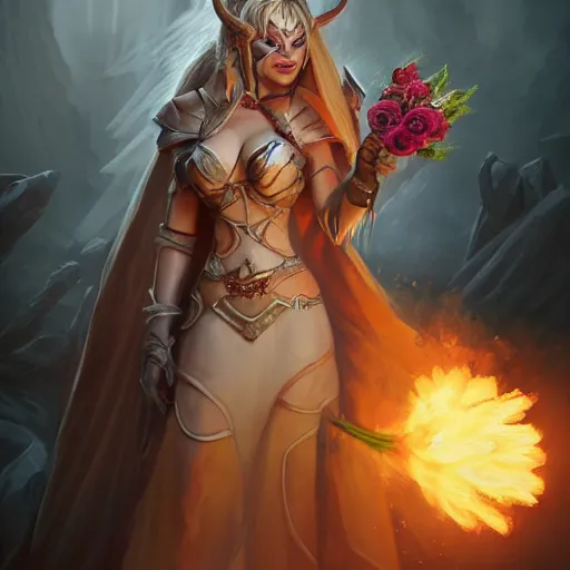 Image similar to hyperrealist portrait of sylvanas windrunner wearing a wedding dress and holding a bouquet of flowers in a burning landscape. by bayard wu, fantasy art, photo realistic, dynamic lighting, trending on artstation, poster, volumetric lighting, very detailed faces, 4 k, award winning