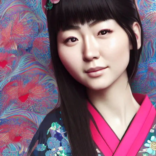 Image similar to centered portrait of a slight happy 3D beautiful Japanese girl in kimono, hyperdetailed, digital painting, trending on Artstation, cel-shading style, CG society, hyperdetailed, digital painting, hypermaximalist, golden ratio, volumetric, octane render, weta digital, micro details, 3d sculpture