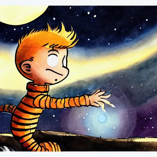 Image similar to interstellar travel, calvin & hobbes, incredible stars, watercolor, thick lines, 8 k, trending on artstation