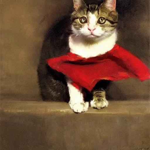 Image similar to portrait of an evil cat wearing a red cape, by jeremy mann, anders zorn.