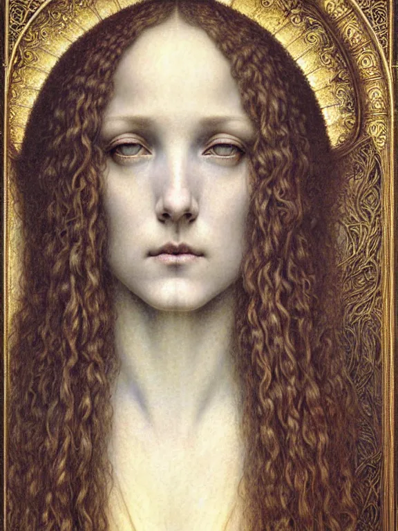 Image similar to detailed realistic beautiful young medieval queen face portrait by jean delville, gustave dore and marco mazzoni, art nouveau, symbolist, visionary, gothic, pre - raphaelite. horizontal symmetry