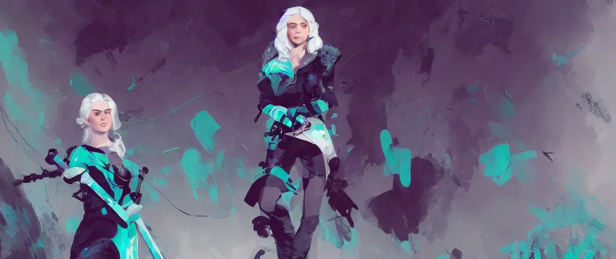 Image similar to a duochrome black and teal background comic noir illustration painting of ciri of cintra with white hair by sachin teng and sergey kolesov and ruan jia and heng z. graffiti art, scifi, fantasy, hyper detailed. octane render. concept art. trending on artstation