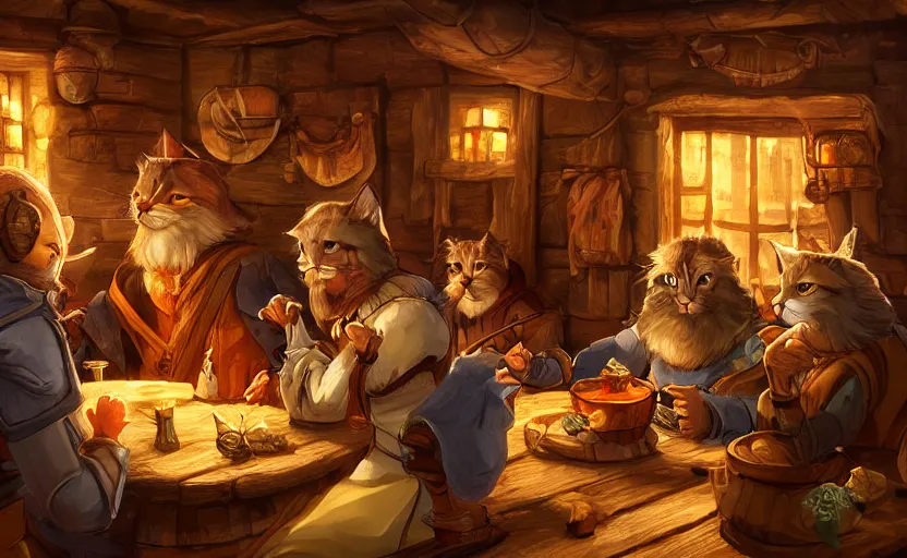 Image similar to cat folk talking inside a tavern, fantasy art, cozy, dnd, digital art, 4 k