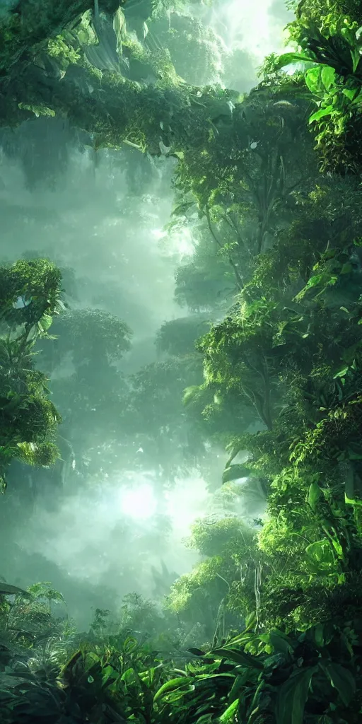 Prompt: a highly detailed over dimensional green leaves that are not from this world with black vaines, fantasy jungle, photorealism, unreal engine, purple hue, a very detailed white falling angel