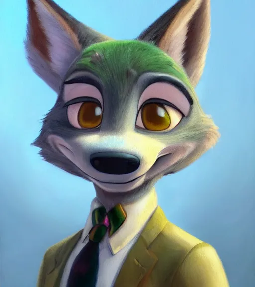Image similar to oil painting of full body of anthromorphic female wolf, in style of zootopia, zootopia, zootopia, fursona, furry, furaffinity, 4 k, deviantart, furry art, fursona art, wearing black business suit, business suit, in style of zootopia, wolf fursona, cyberpunk, female, expressive detailed feminine face,